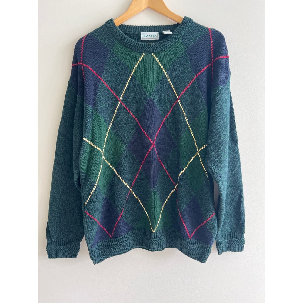 IZOD M Green Navy Argyle 100% Cotton Crewneck Sweater Vintage Preppy Old Money